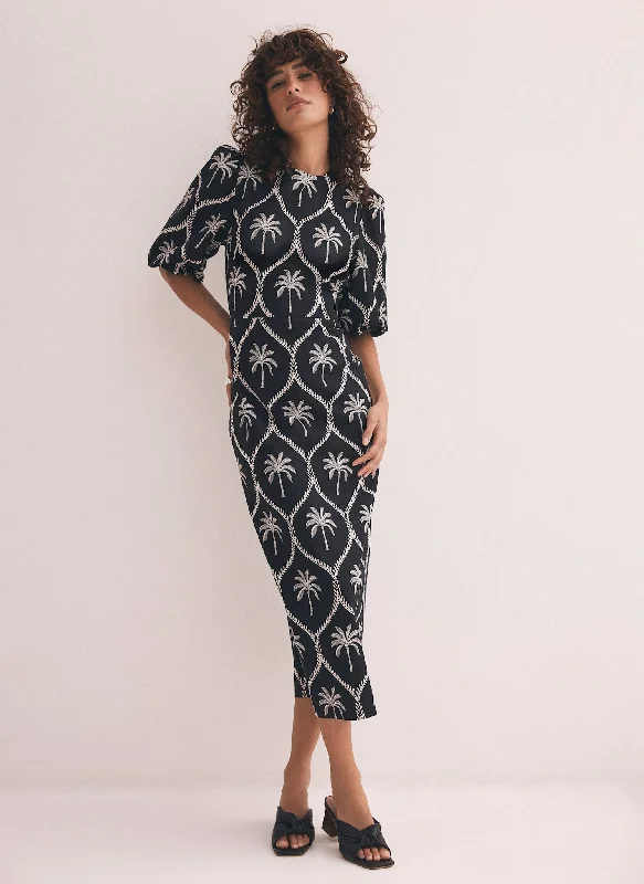 Mini dresses with polka dot patterns Black Palm Print Midi Dress