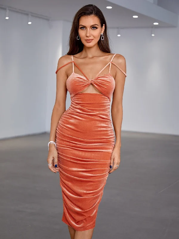 Midi dresses with lace - up fronts for a unique and adjustable style KittenAlarm - Twist Bust Peekaboo Ruched Velvet Bodycon Dress Midi dresses with lace - up fronts for a unique and adjustable style KittenAlarm - Twist Bust Peekaboo Ruched Velvet Bodycon Dress