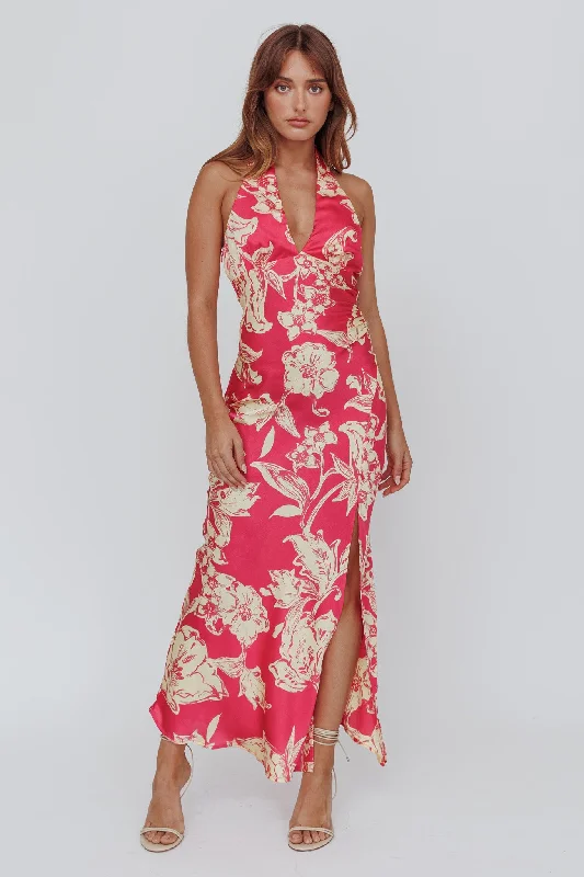 Midi dresses with V - necklines for a flattering and elongating effect Brighter Days Halterneck Split Midi Dress Fuchsia Midi dresses with V - necklines for a flattering and elongating effect Brighter Days Halterneck Split Midi Dress Fuchsia