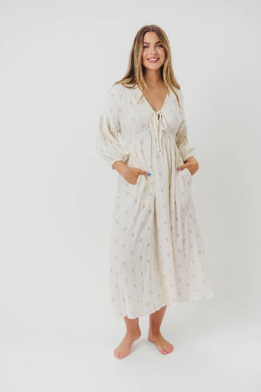 Midi dresses with cotton - blend materials for everyday comfort Hunter 100% Cotton Gauze Midi Dress in Soy/Sage Foliage - Bump Friendly and Inclusive Sizing Midi dresses with cotton - blend materials for everyday comfort Hunter 100% Cotton Gauze Midi Dress in Soy/Sage Foliage - Bump Friendly and Inclusive Sizing