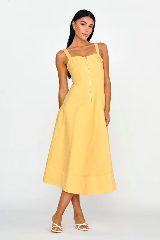 Midi dresses with denim fabric for a casual yet stylish day out Emilio Pleated Bust A-Line Midi Dress Yellow Midi dresses with denim fabric for a casual yet stylish day out Emilio Pleated Bust A-Line Midi Dress Yellow