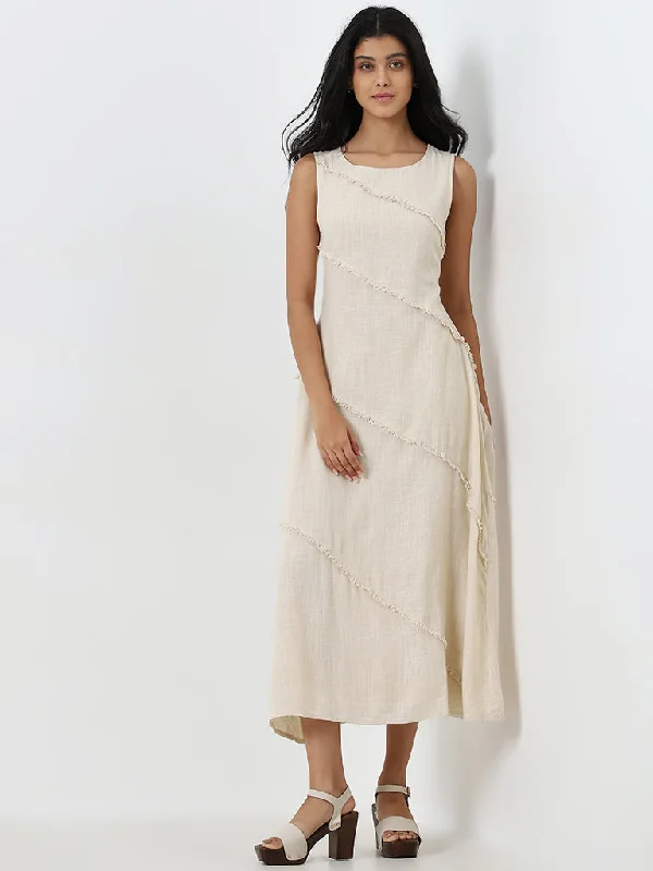 Floral print mini dresses for summer parties LOV Beige Sleeveless Linen-Blend A-Line Midi Dress