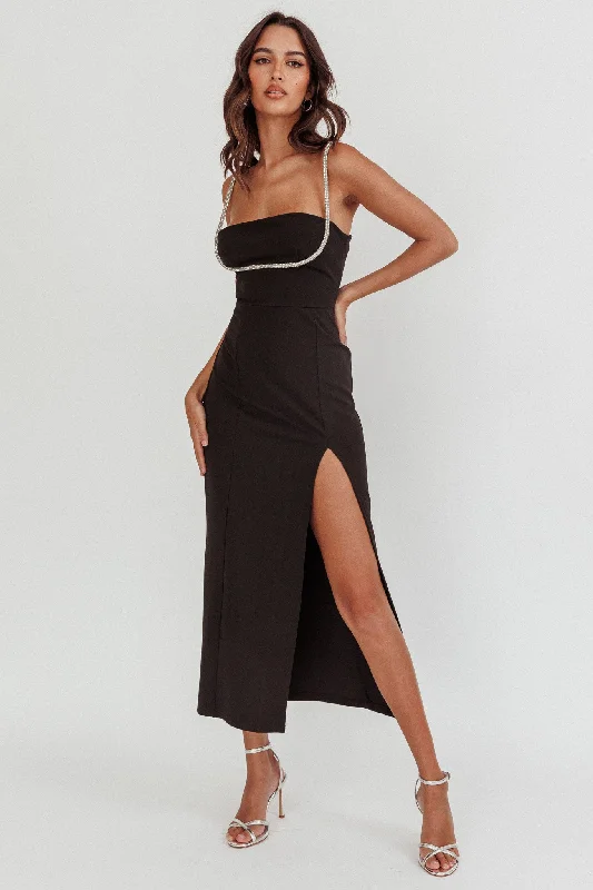 High - low midi dresses with geometric patterns for a modern party Outspoken Diamante Straps Midi Dress Black High - low midi dresses with geometric patterns for a modern party Outspoken Diamante Straps Midi Dress Black