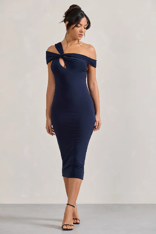 Wrap - style midi dresses in silk for a sophisticated office look Chain Reaction | Navy Strappy Asymmetric Bodycon Midi Dress Wrap - style midi dresses in silk for a sophisticated office look Chain Reaction | Navy Strappy Asymmetric Bodycon Midi Dress