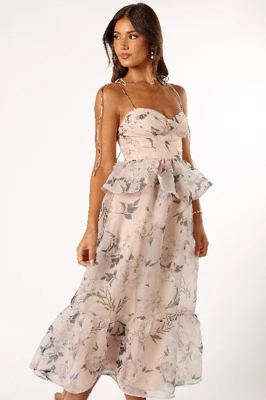 Sheath midi dresses with beaded embellishments for a formal occasion Kennie Midi Dress - Pink Floral Sheath midi dresses with beaded embellishments for a formal occasion Kennie Midi Dress - Pink Floral