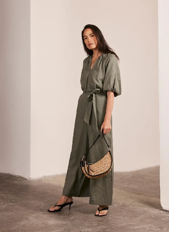 Mini dresses with bow accents for a sweet look Khaki Linen Puff Sleeve Jumpsuit