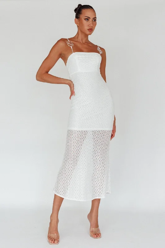 Midi dresses with gathered skirts for a full and flowing silhouette Lazy Daisy Flower Strap Midi Dress White Midi dresses with gathered skirts for a full and flowing silhouette Lazy Daisy Flower Strap Midi Dress White