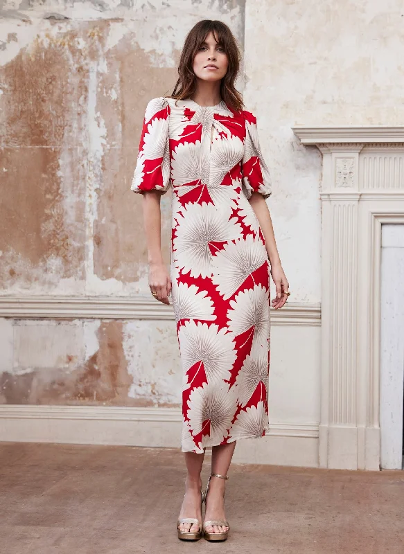Mini dresses with one - shoulder designs Red Floral Print Midi Dress