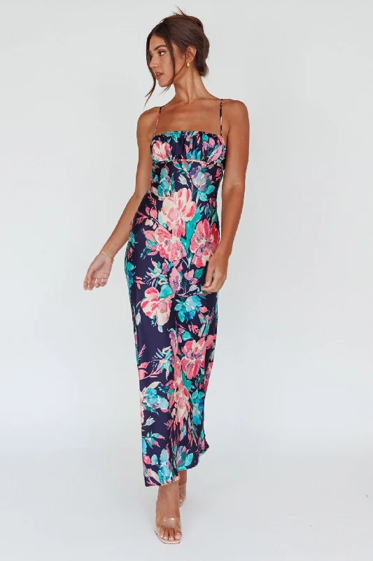 Midi dresses with satin - finish fabrics for a luxurious feel From Above V-Back Midi Dress Floral Navy Midi dresses with satin - finish fabrics for a luxurious feel From Above V-Back Midi Dress Floral Navy