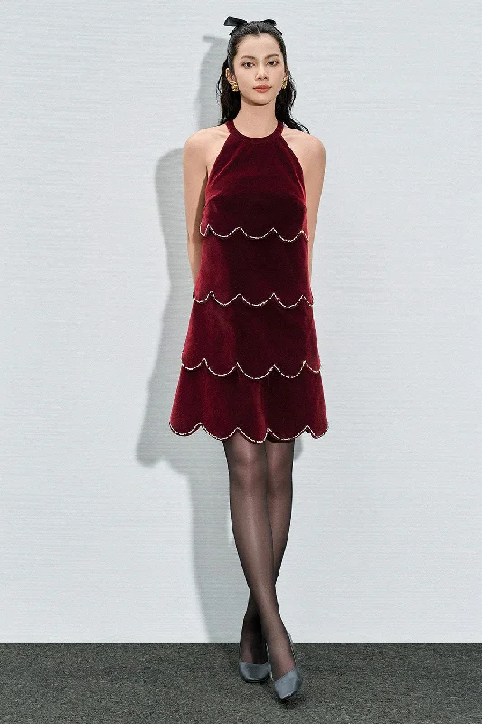 Floral print mini dresses for summer parties Antonella Trapezoid Halter Neck Velvet Mini Dress