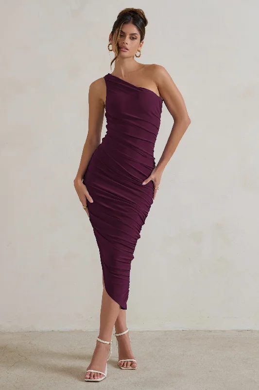 Midi dresses with printed lining for a hidden and stylish detail Dorit | Plum One Shoulder Asymmetric Ruched Midi Dress Midi dresses with printed lining for a hidden and stylish detail Dorit | Plum One Shoulder Asymmetric Ruched Midi Dress