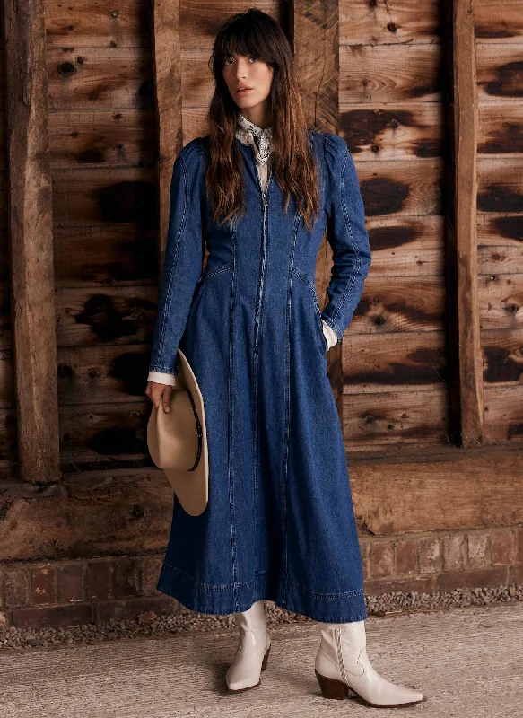 Mini dresses with patchwork designs for a unique style Indigo Puff Sleeve Denim Midi Dress