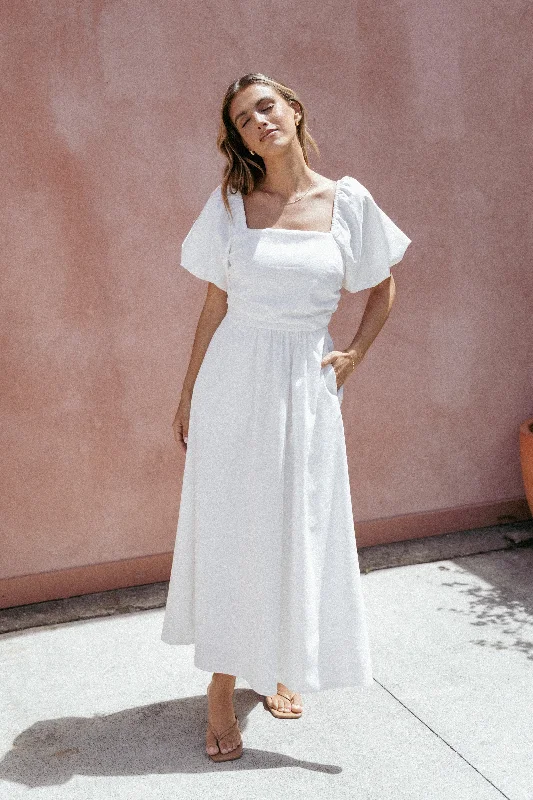 Midi dresses with cotton - blend materials for everyday comfort Clo Puff Sleeve Midi Dress - White Midi dresses with cotton - blend materials for everyday comfort Clo Puff Sleeve Midi Dress - White