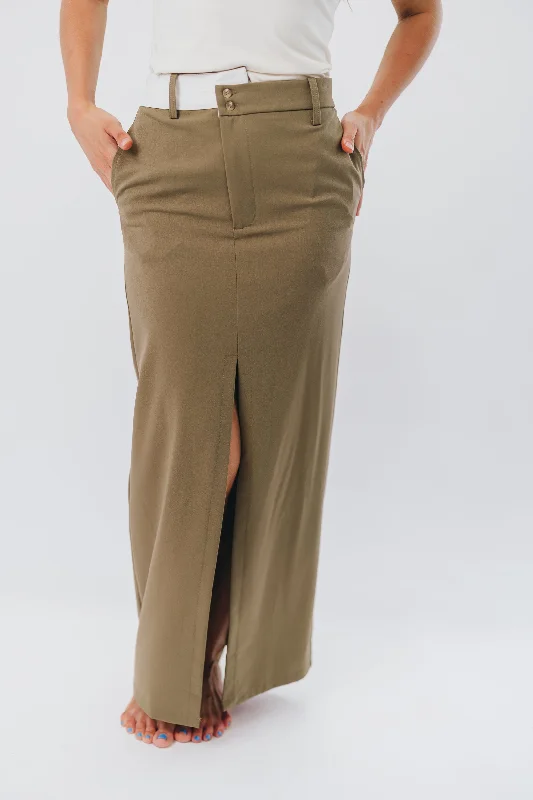High - low midi dresses with geometric patterns for a modern party Colin Trouser Maxi Skirt with Contrast Band in Olive