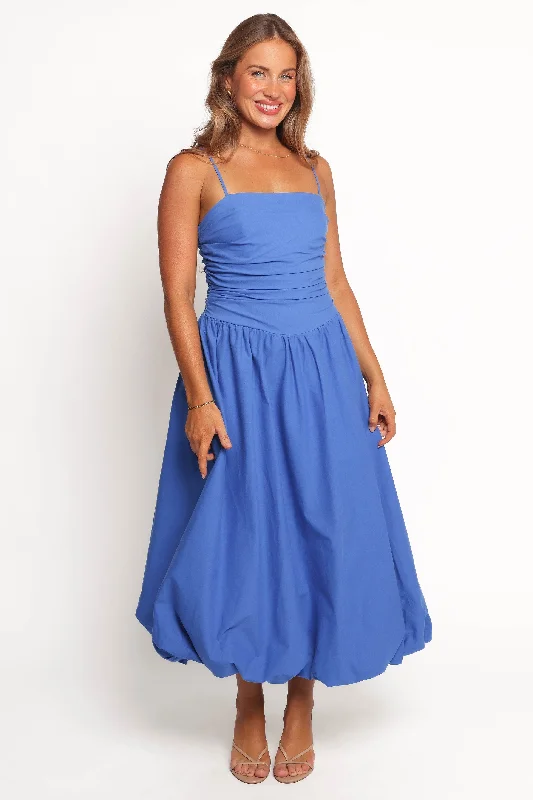 Midi dresses with ruffled hems for a romantic date night Solis Strapless Midi - Electric Blue