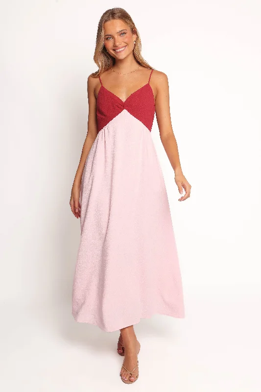 Maxi - inspired midi dresses with flowing fabrics for a beachy vibe Beatriz Midi Dress - Red/Pink Maxi - inspired midi dresses with flowing fabrics for a beachy vibe Beatriz Midi Dress - Red/Pink