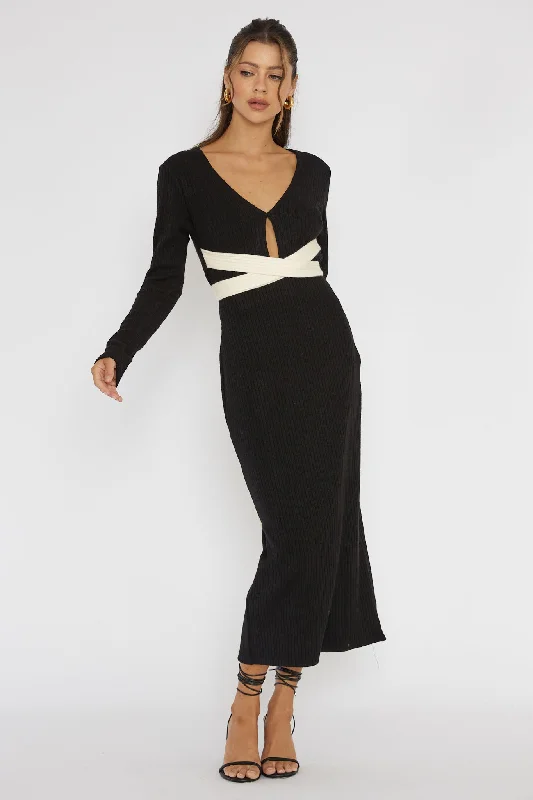 Midi dresses with belted waists to accentuate the figure So Emotional Long Sleeve Cut-Out Knit Dress Black