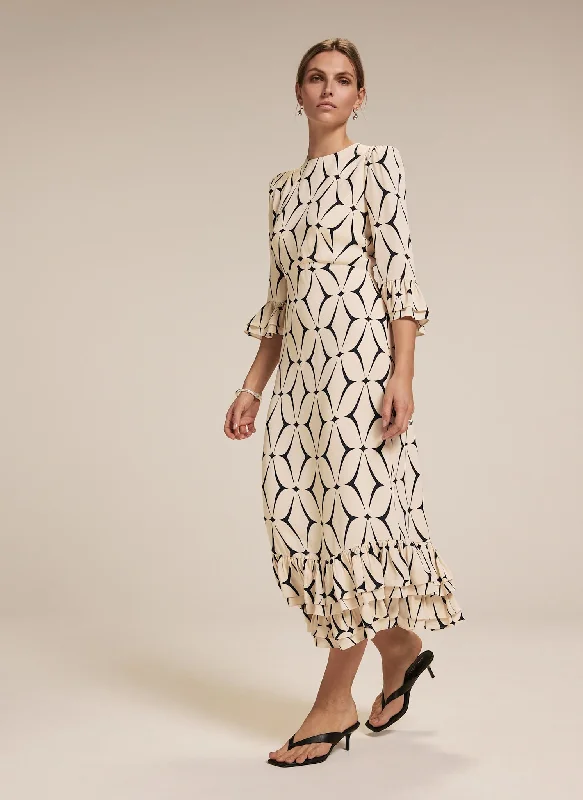 Mini dresses with geometric prints for a modern aesthetic Cream Geometric Print Ruffle Midi Dress