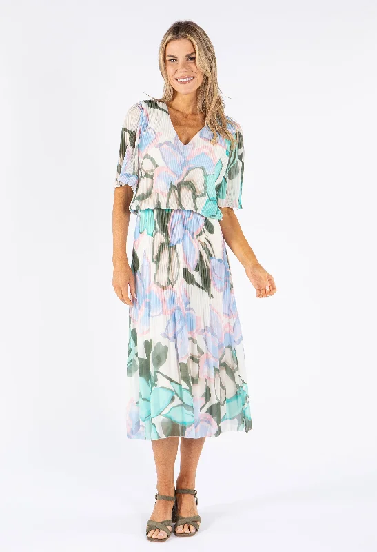Sleeveless midi dresses with lace details for summer weddings Floral Plisse Pleated Pop Over Dress