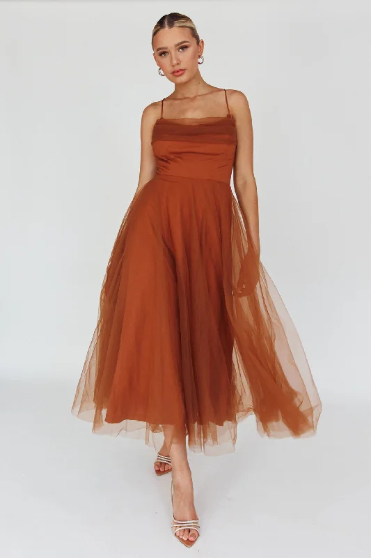 Midi dresses with ruffled hems for a romantic date night Floating By Pleated Neckline Mesh Midi Dress Brown Midi dresses with ruffled hems for a romantic date night Floating By Pleated Neckline Mesh Midi Dress Brown