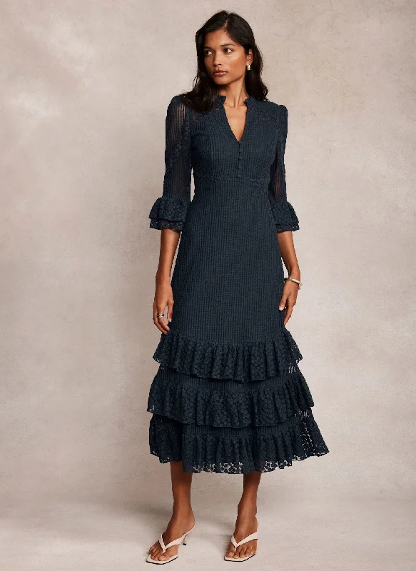 Mini dresses with V - necklines for a flattering shape Navy Lace Mesh Ruffle Midi Dress