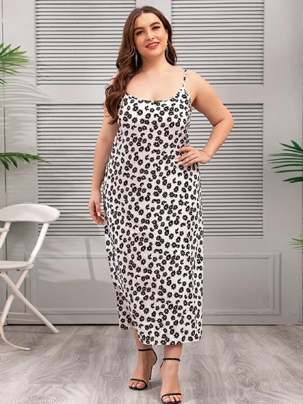 High - low midi dresses with geometric patterns for a modern party KittenAlarm - Plus Size Oversize Satin Silky Print Cami Dress Loungewear