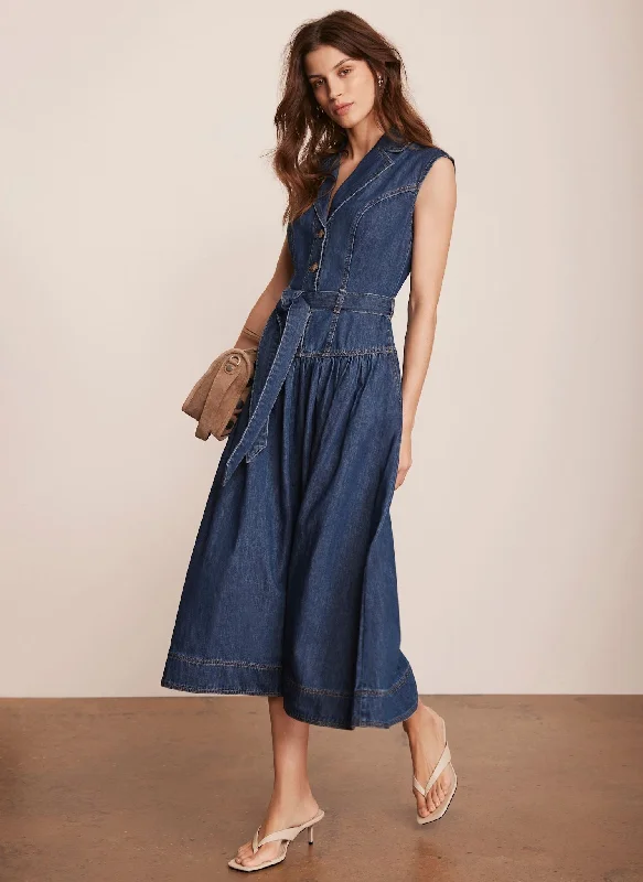 Mini dresses with spaghetti straps for a delicate look Dark Indigo Drop Waist Collared Denim Dress