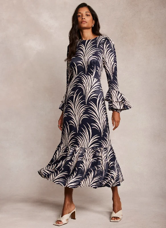 Mini dresses with polka dot patterns Navy Leaf Print Midi Dress