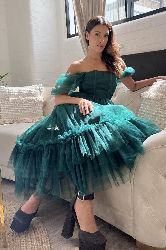 Midi dresses with V - necklines for a flattering and elongating effect Jayne Emerald Green Tulle Midi Dress