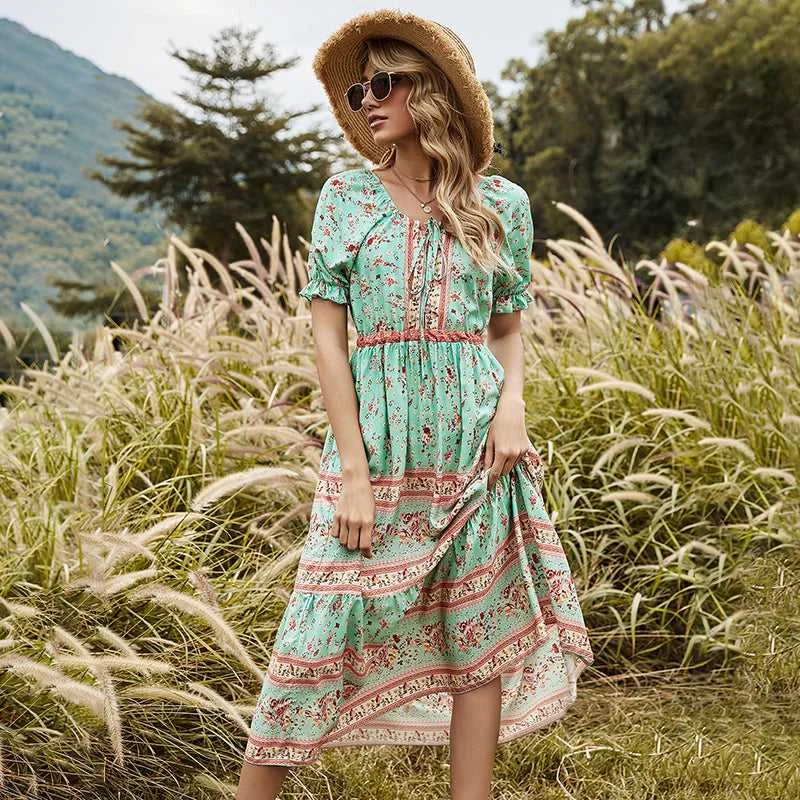 Midi dresses with halter necks for a stylish and comfortable option KittenAlarm - Round Neck Stitching Lace Long Skirt Printed Dress Midi dresses with halter necks for a stylish and comfortable option KittenAlarm - Round Neck Stitching Lace Long Skirt Printed Dress