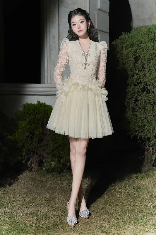 Mini dresses with ruched bodices for a feminine touch Divine A-line V-Neck Mesh Lace Mini Dress