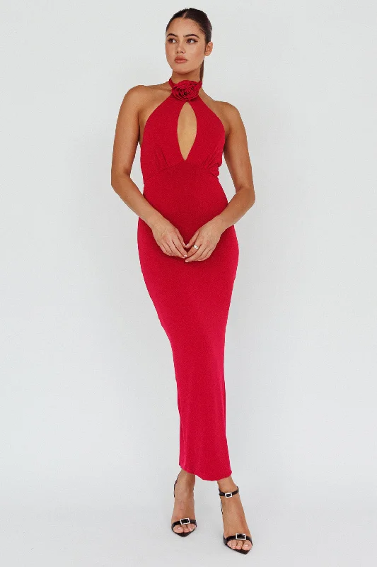 Midi dresses with button - down skirts for a unique and functional design Simha Rose Halterneck Midi Dress Red