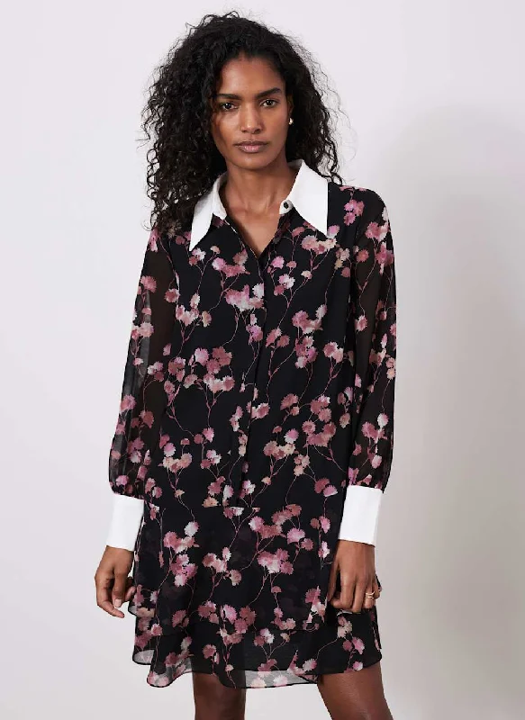 Mini dresses with keyhole necklines Black Floral Print Mini Shirt Dress