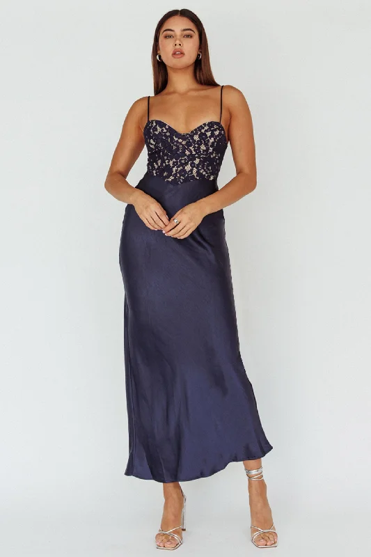 Midi dresses with sheer panels for a touch of allure Evening Star Lace Bodice Maxi Dress Navy Midi dresses with sheer panels for a touch of allure Evening Star Lace Bodice Maxi Dress Navy