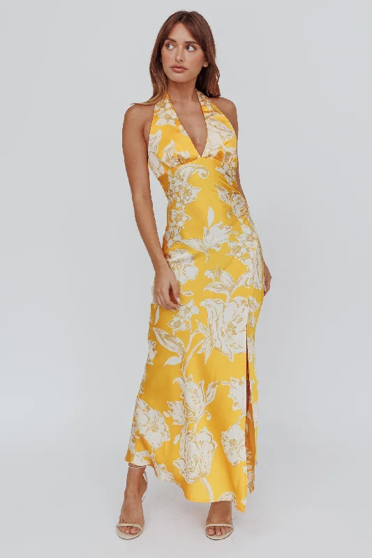 Midi dresses with metallic threads for a glamorous evening event Brighter Days Halterneck Split Midi Dress Sun Midi dresses with metallic threads for a glamorous evening event Brighter Days Halterneck Split Midi Dress Sun