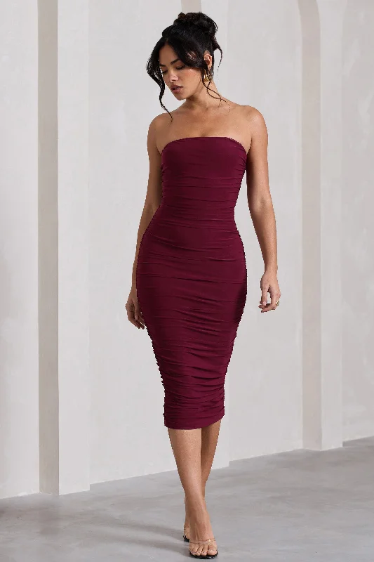 Midi dresses with sheer panels for a touch of allure My Girl | Burgundy Bandeau Bodycon Ruched Mesh Midi Dress Midi dresses with sheer panels for a touch of allure My Girl | Burgundy Bandeau Bodycon Ruched Mesh Midi Dress