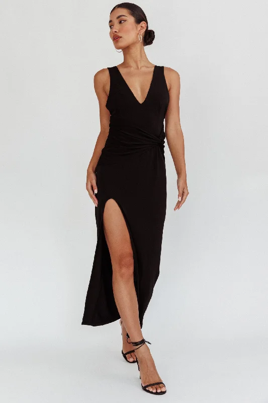 Midi dresses with denim fabric for a casual yet stylish day out Eternal Waist Twist Split Dress Black