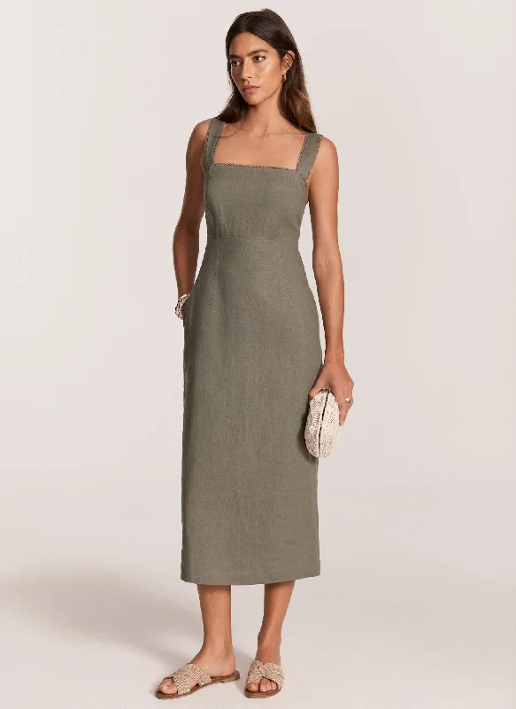 Mini dresses with off - the - shoulder styles Khaki Linen Midi Dress