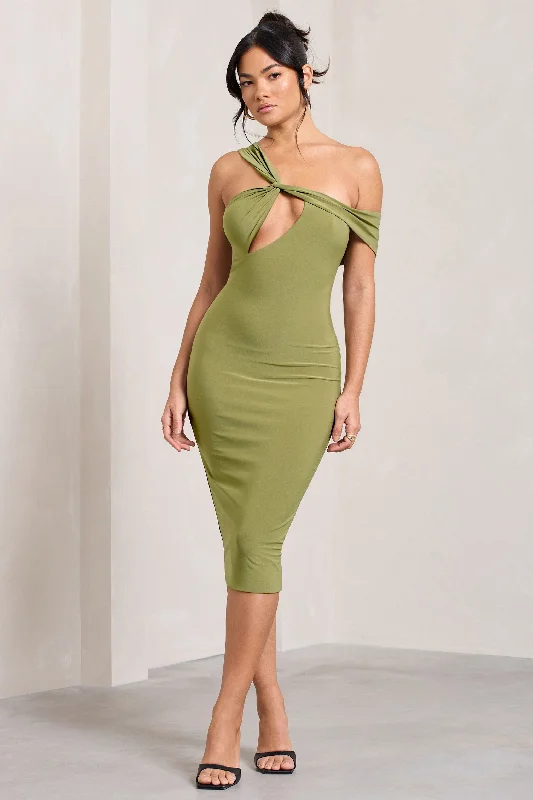Midi dresses with polka dot prints for a playful summer outfit Ella | Olive Asymmetric Neck Cut Out Midi Dress Midi dresses with polka dot prints for a playful summer outfit Ella | Olive Asymmetric Neck Cut Out Midi Dress