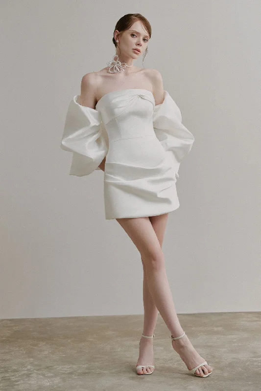Mini dresses with wrap - around styles Melanie A-line Open Shoulder Duchess Satin Mini Dress
