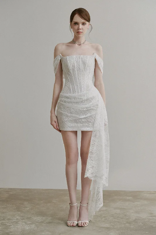 Satin mini dresses for a luxurious feel Mila A-line Off-Shoulder Chantilly Lace Mini Dress