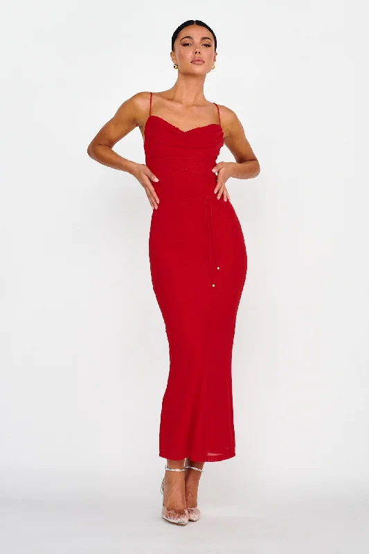 Midi dresses with keyhole backs for a flirty and unexpected detail Teava Laced Waist Maxi Dress Red Midi dresses with keyhole backs for a flirty and unexpected detail Teava Laced Waist Maxi Dress Red