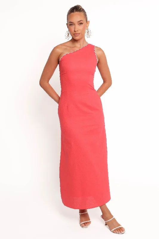 High - low midi dresses with geometric patterns for a modern party Amani Midi Dress - Coral