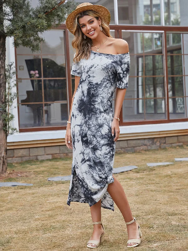 Midi dresses with button - down skirts for a unique and functional design KittenAlarm - Women's Mid-length A-line Skirt Off-the-shoulder Ink Print Dress