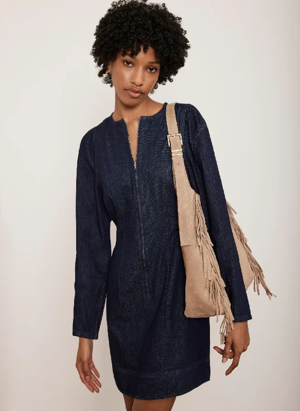 Mini dresses with mesh panels for a sexy and trendy look Dark Indigo Denim Puff Sleeve Mini Dress