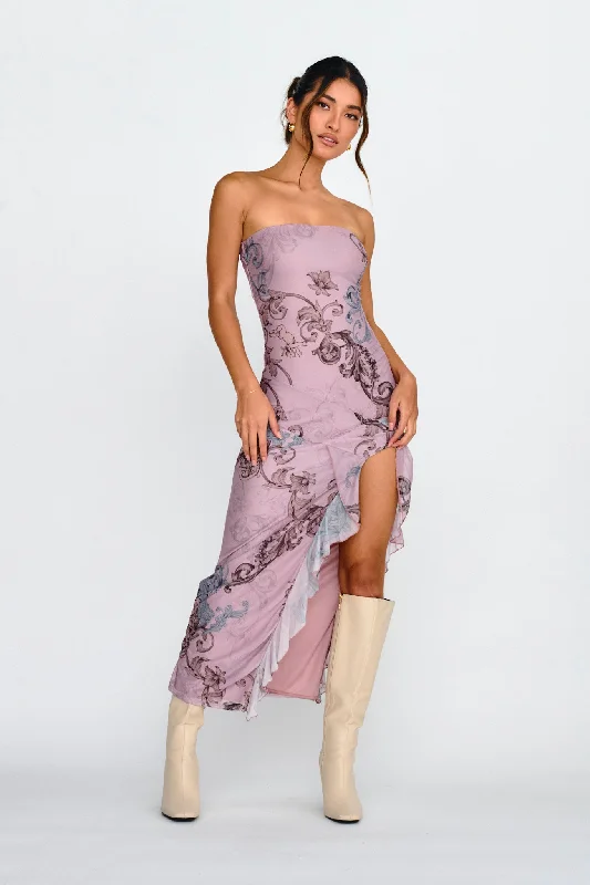 Midi dresses with ribbed textures for a unique and tactile appearance Shelby Strapless Ruffle Split Midi Dress Mauve Midi dresses with ribbed textures for a unique and tactile appearance Shelby Strapless Ruffle Split Midi Dress Mauve