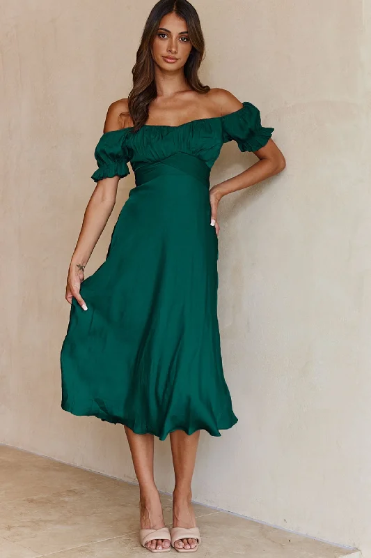 Midi dresses with ribbed textures for a unique and tactile appearance Linka Off-Shoulder Tie Back Midi Dress Forest Green Midi dresses with ribbed textures for a unique and tactile appearance Linka Off-Shoulder Tie Back Midi Dress Forest Green