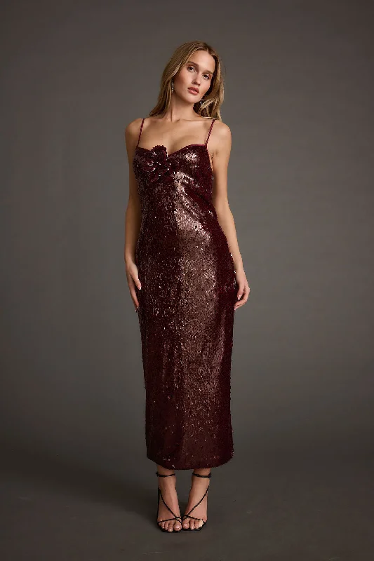 Midi dresses with lace - up fronts for a unique and adjustable style All For You Merlot Sequin Rosette Midi Dress Midi dresses with lace - up fronts for a unique and adjustable style All For You Merlot Sequin Rosette Midi Dress