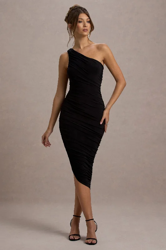 Midi dresses with bow accents for a sweet and charming look Dorit | Black One Shoulder Asymmetric Ruched Midi Dress Midi dresses with bow accents for a sweet and charming look Dorit | Black One Shoulder Asymmetric Ruched Midi Dress