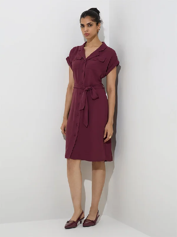 Cotton mini dresses for a comfortable everyday option Wardrobe Maroon Solid Shirt Dress with Belt